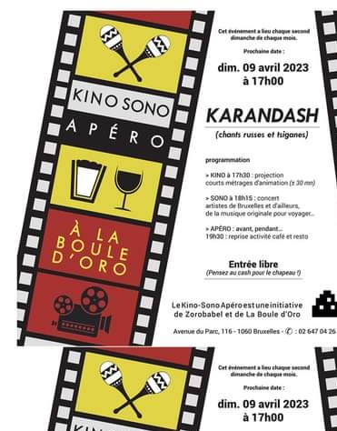 Illustration. Affiche. A la Boule d|Oro. Concert Karandash - chants russes et tziganes. 2023-04-09